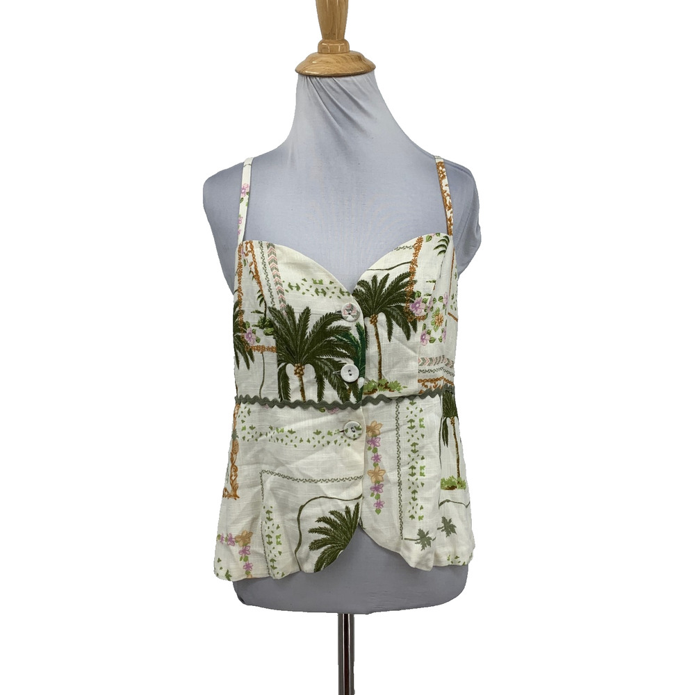Paper Heart Top Womens M Medium Cream Linen Blend Sweetheart Neck Palm Tree